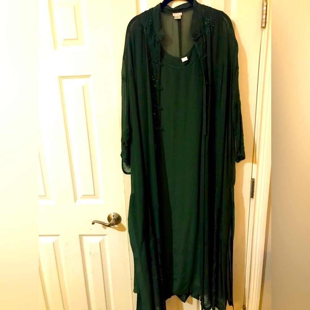 ROSE Long semi formal dress with sheer embroidered cover. Hunter green.